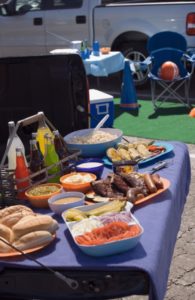 Food table at a college football tailgate
